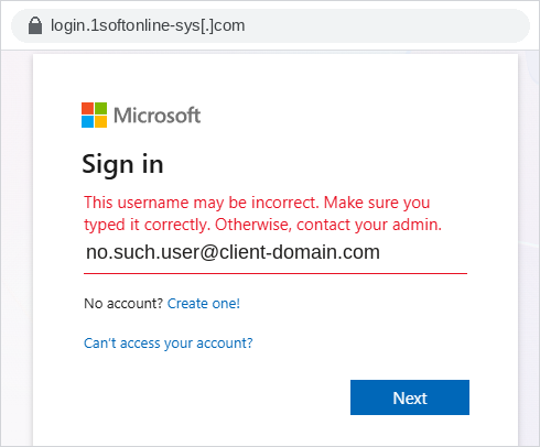 Step four: the same invalid account on the client's real tenant returns the organisational error message
