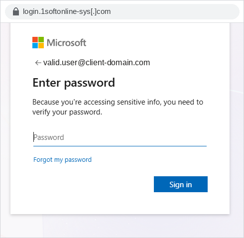 Step five: a genuine account on the client's tenant is accepted and prompts for a password