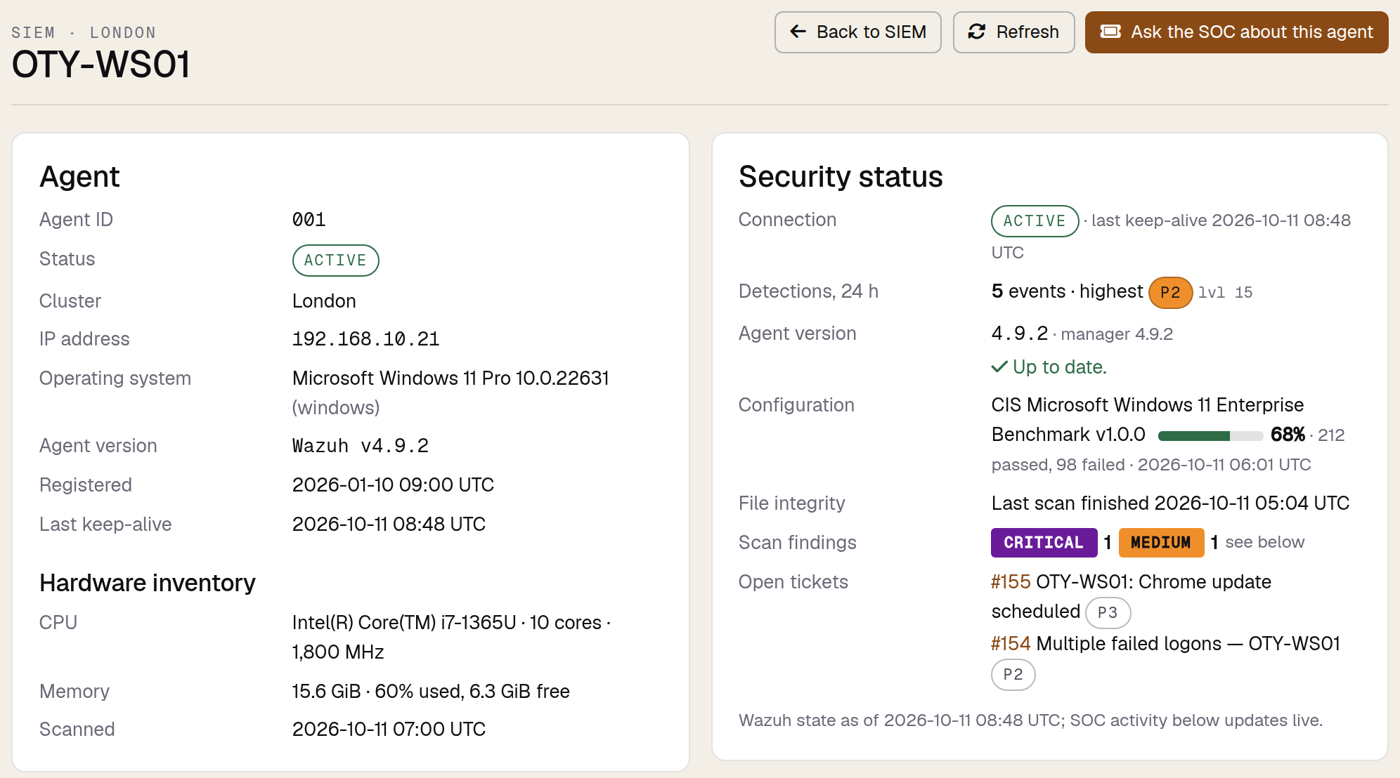 The top of an agent page in the new SIEM section of Pulse, showing the Agent card and Security status for a demonstration machine