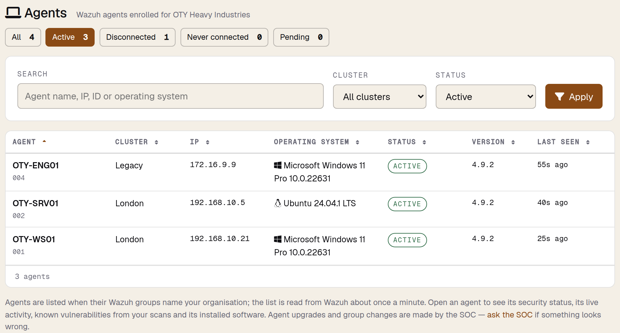 The agents list in Pulse, with the status count row, search and filters, and sortable columns