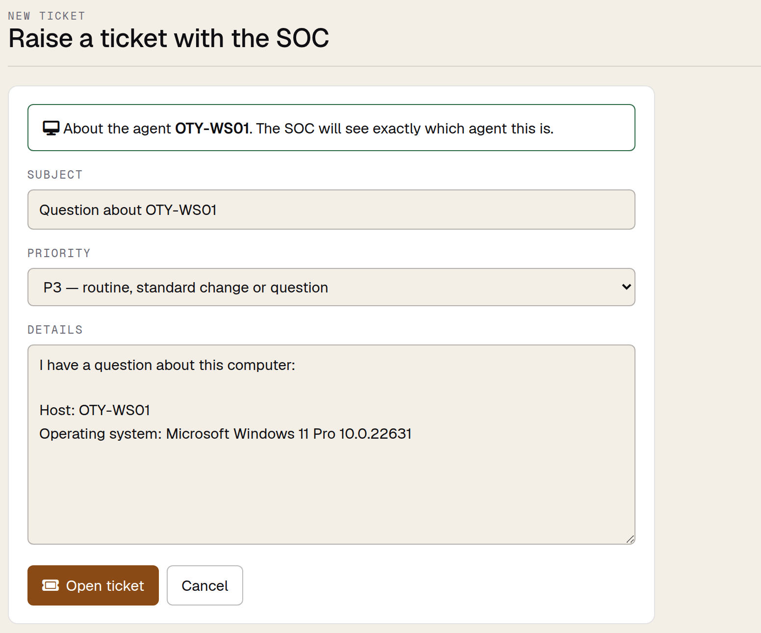 A new ticket raised from an agent page, with the agent attached and the description started