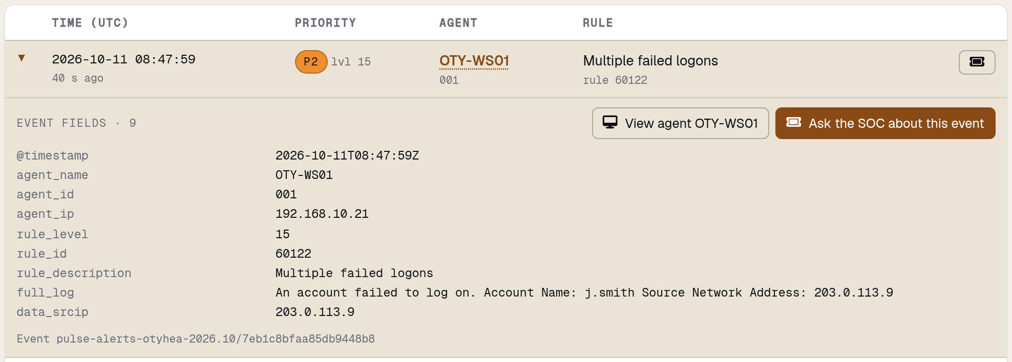 An event opened in the SOC activity view, with View agent and Ask the SOC about this event above its fields