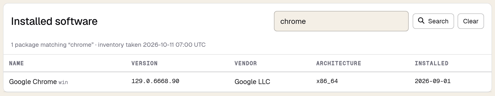 The Installed software panel on an agent page, searched for a single product