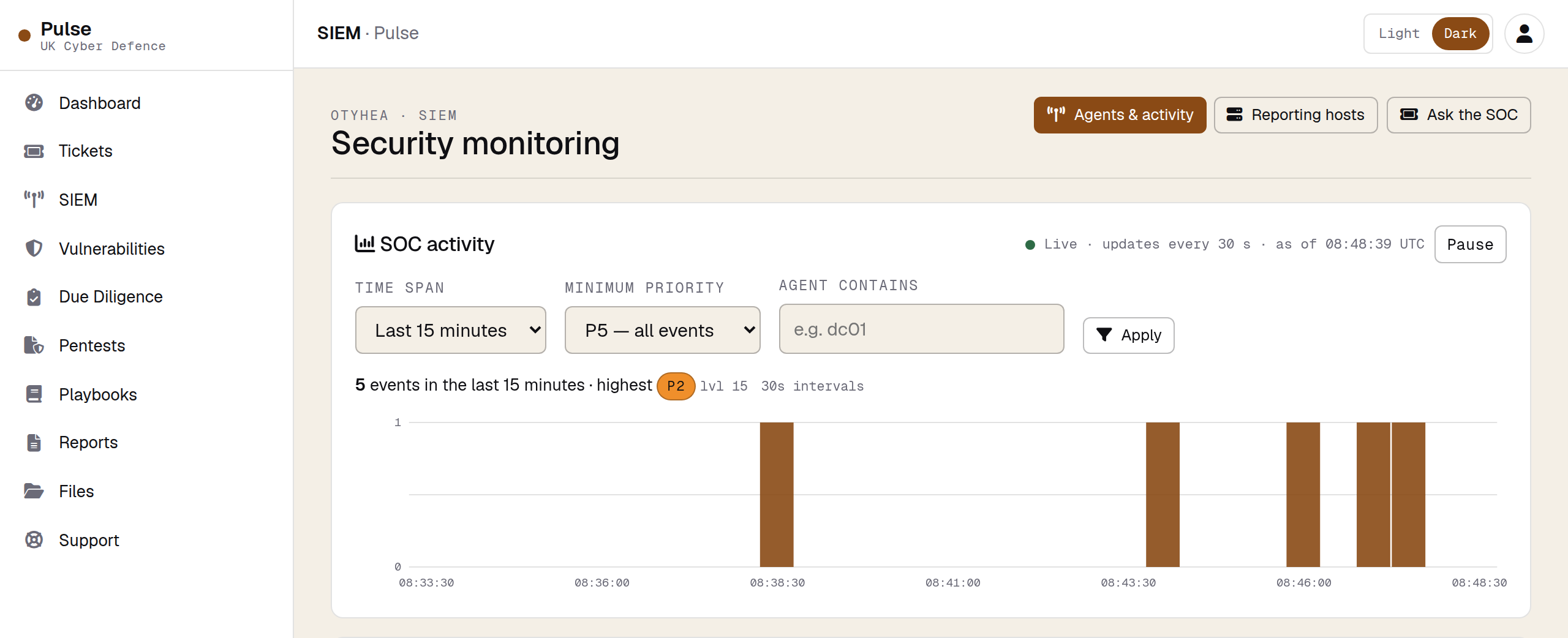 The SIEM item in the Pulse menu, the section tabs, and the live SOC activity view at the top of the Agents and activity page, shown for the demonstration organisation OTY Heavy Industries